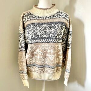 Vintage Snowflake Nordic Print Ski Sweater Turtleneck Cream and Grey Size Medium